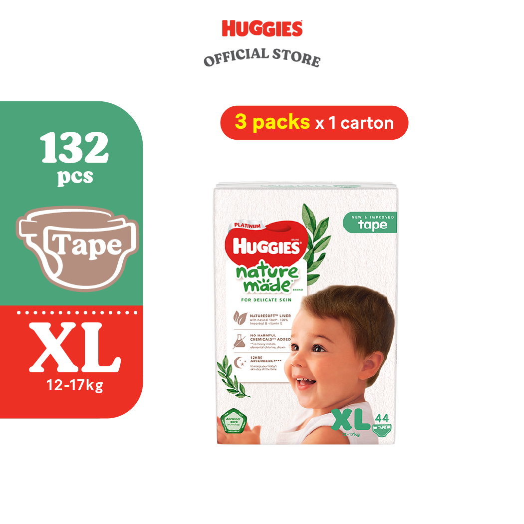 Huggies Naturemade Tape Diapers M64/L54/XL44 (3 Packs) - No harmful chemicals super premium diapers for baby