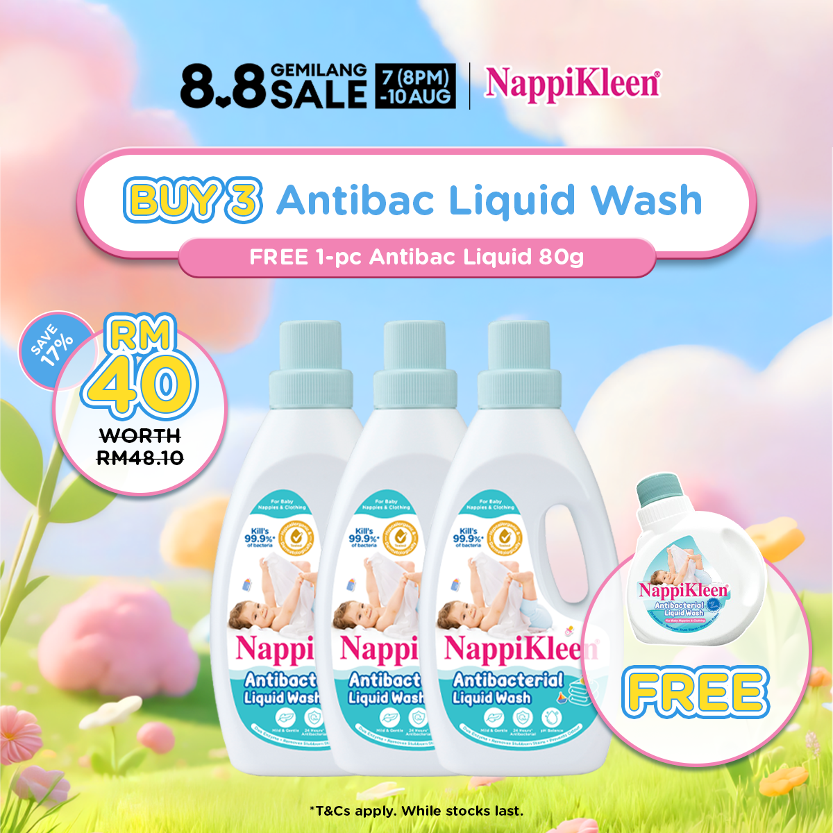 [8.8 Exclusive] Nappikleen Anti-Bacterial Liquid Wash 1KG x3 + Nappikleen Antibacterial Liquid Wash 80g