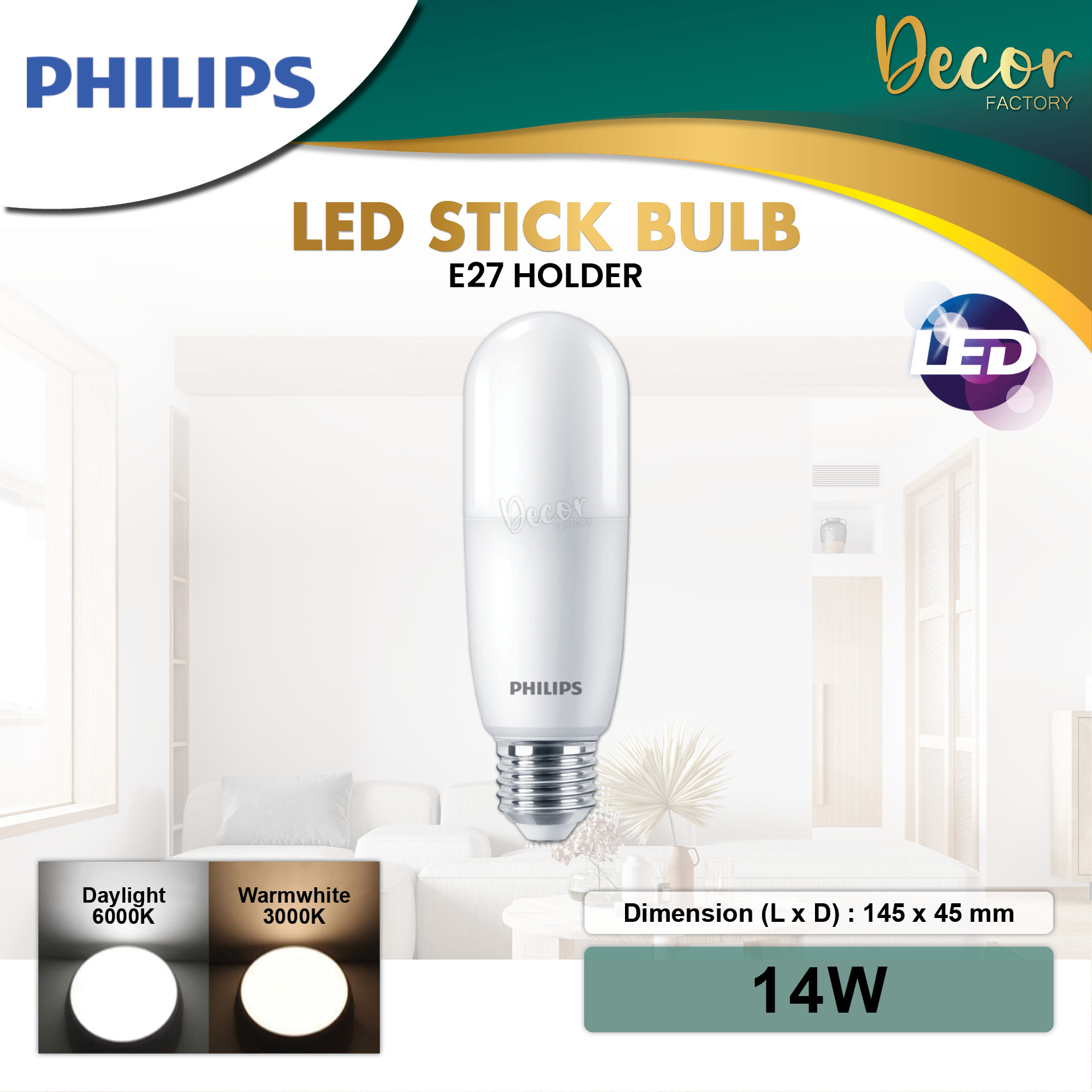 PHILIPS Essential 9W 11W 14W E27 LED Stick Bulb Daylight Coolwhite Warmwhite Energy Saving LED Bulb Mentol Lampu