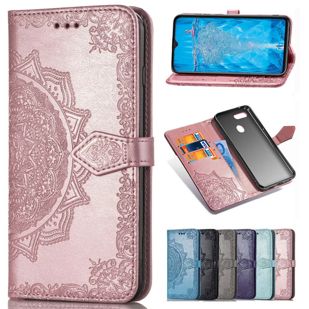 Ốp Cho OPPO F9 / Realme 2 Pro, Ốp Đứng Dạng Ví Da Gập Từ Tính Hình Hoa Mạn Đà La Chạm Nổi 3D Sang Trọng Có Khe Cắm Thẻ Và Dây Đeo Tay Ốp Điện Thoại