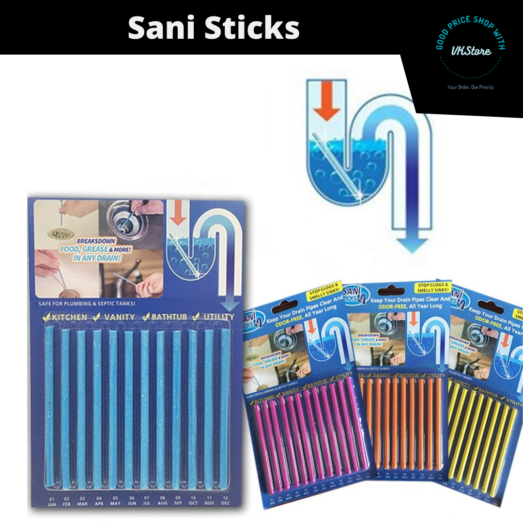 Sani Sticks Keeps Drain Clear & Odor-Free, All Year Long Kitchen Dapur Sink and Bathtub Drain Cleaner (Pack of 12 Sticks)