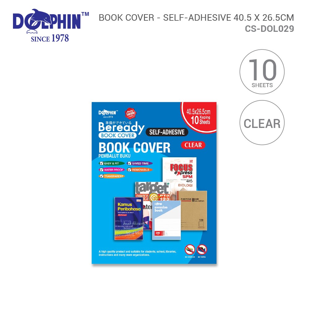 Dolphin Beready Self-Adhesive Clear Book Cover Pembalut Buku 40.5.x 26.5cm 10 Sheets