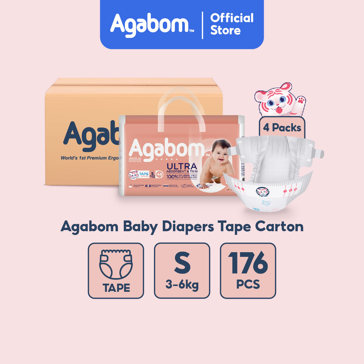 [Carton] AGABOM Premium Baby Diapers Tape NB/S/M/L/XL 4 Packs 100% SAP Ultra-Thin