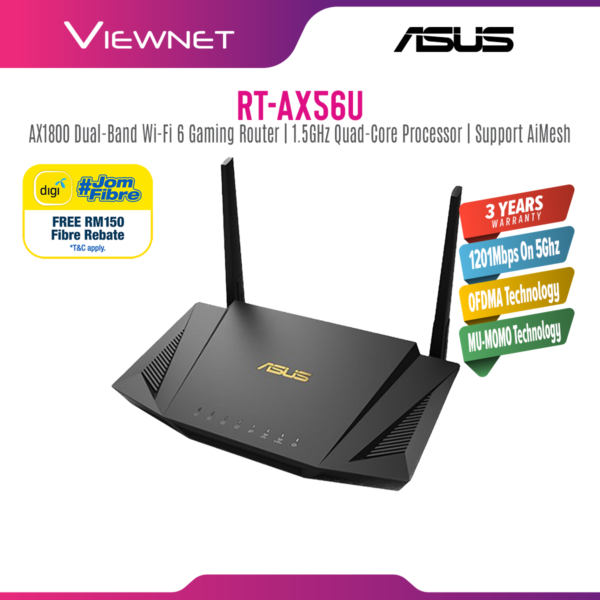 Asus RT-AX56U AX1800 Dual Band WiFi 6 (802.11ax) Router supporting MU-MIMO and OFDMA technology, with AiProtection Pro network security powered by Trend Microâ„¢, compatible with ASUS AiMesh WiFi system, Unifi Compatible, rt ax56u