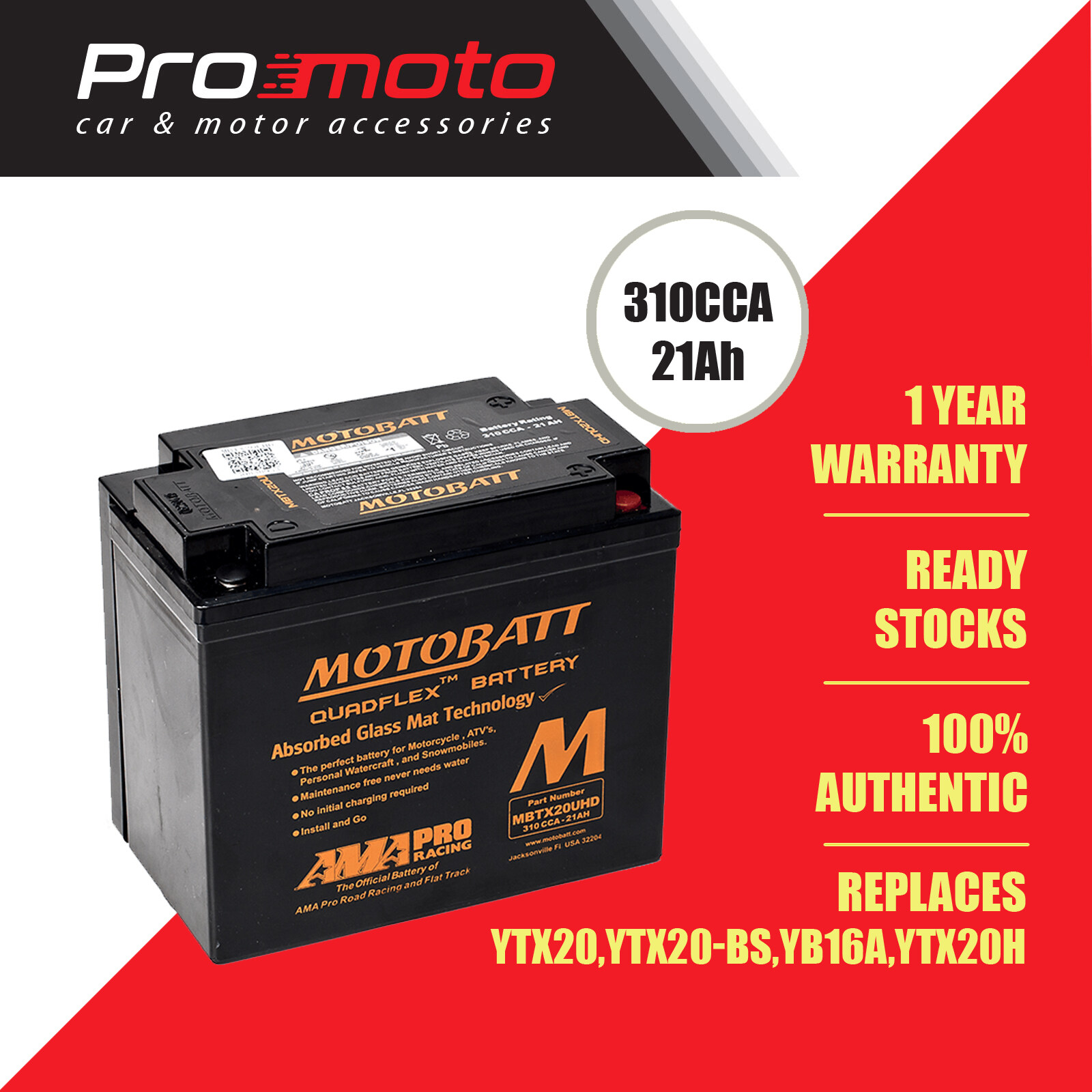 Motobatt Quadflex Battery MBTX20UHD (FOR HARLEY-DAVIDSON) (Replaces YTX20, YTX20-BS, YB16A, YTX20H)