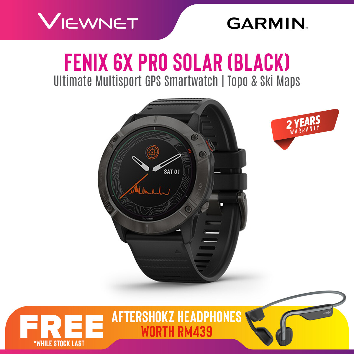 Garmin Fenix 6X Pro Solar Ultimate Multisport GPS Smartwatch with Topo & Ski Maps Sport Watch 010-02157-55 / 010-02157-5F 2 Years Warranty