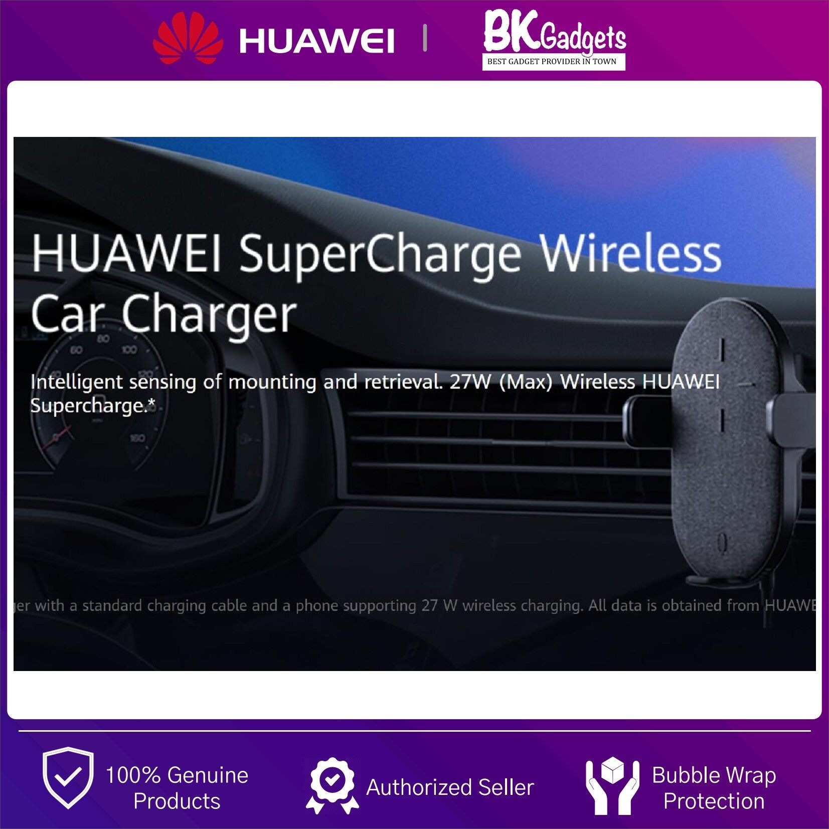 Huawei SuperCharge Wireless Car Charger [ Black ] - Max 27W | Universal Compatibility