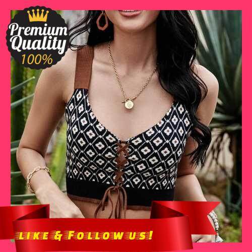 People's Choice Women V-Neck Camisole Tank Top Lace Drawstring Plaid Floral Cute Sexy Soft Elastic Bodycon Crop Tops (Coffee)