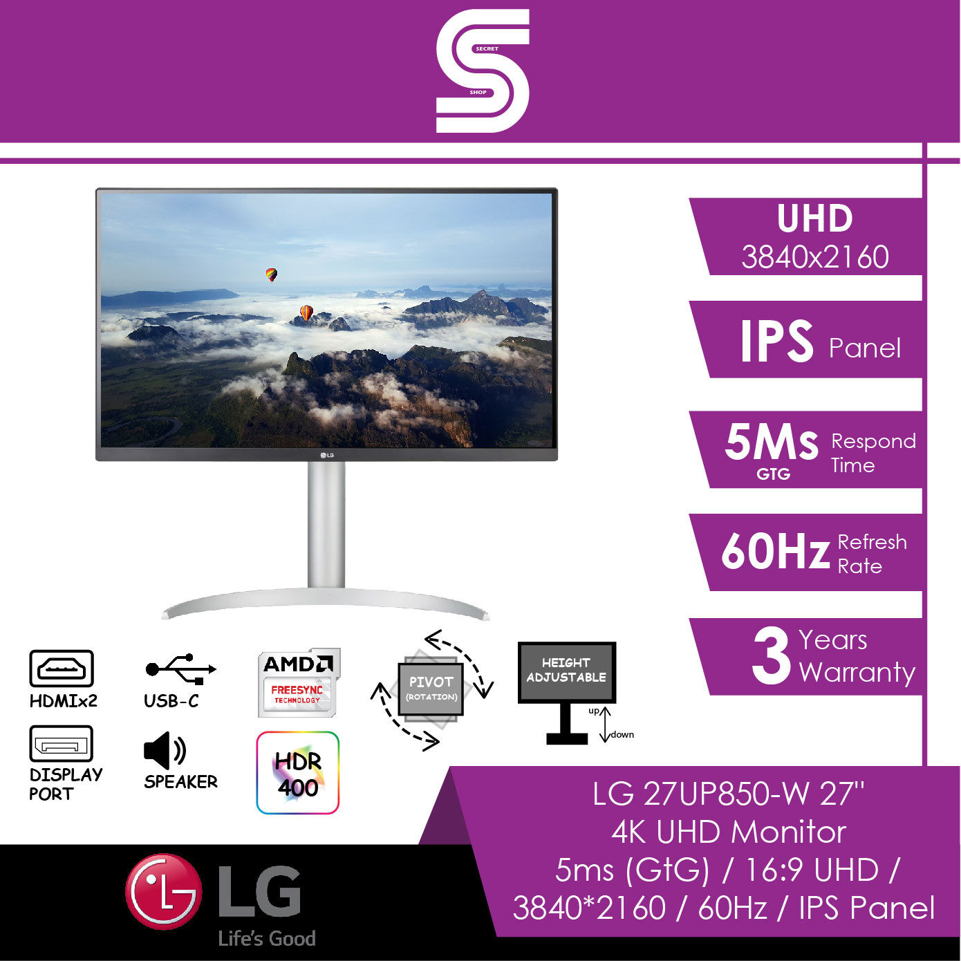 LG 27UP850 4K UHD 27.0" Monitor - 5ms/4K UHD 3840x2160/IPS Panel/HDMI/DP/Height Adjustable/Pivot Rotation/Audio Out/Speaker/HDR 400/AMD Free Sync