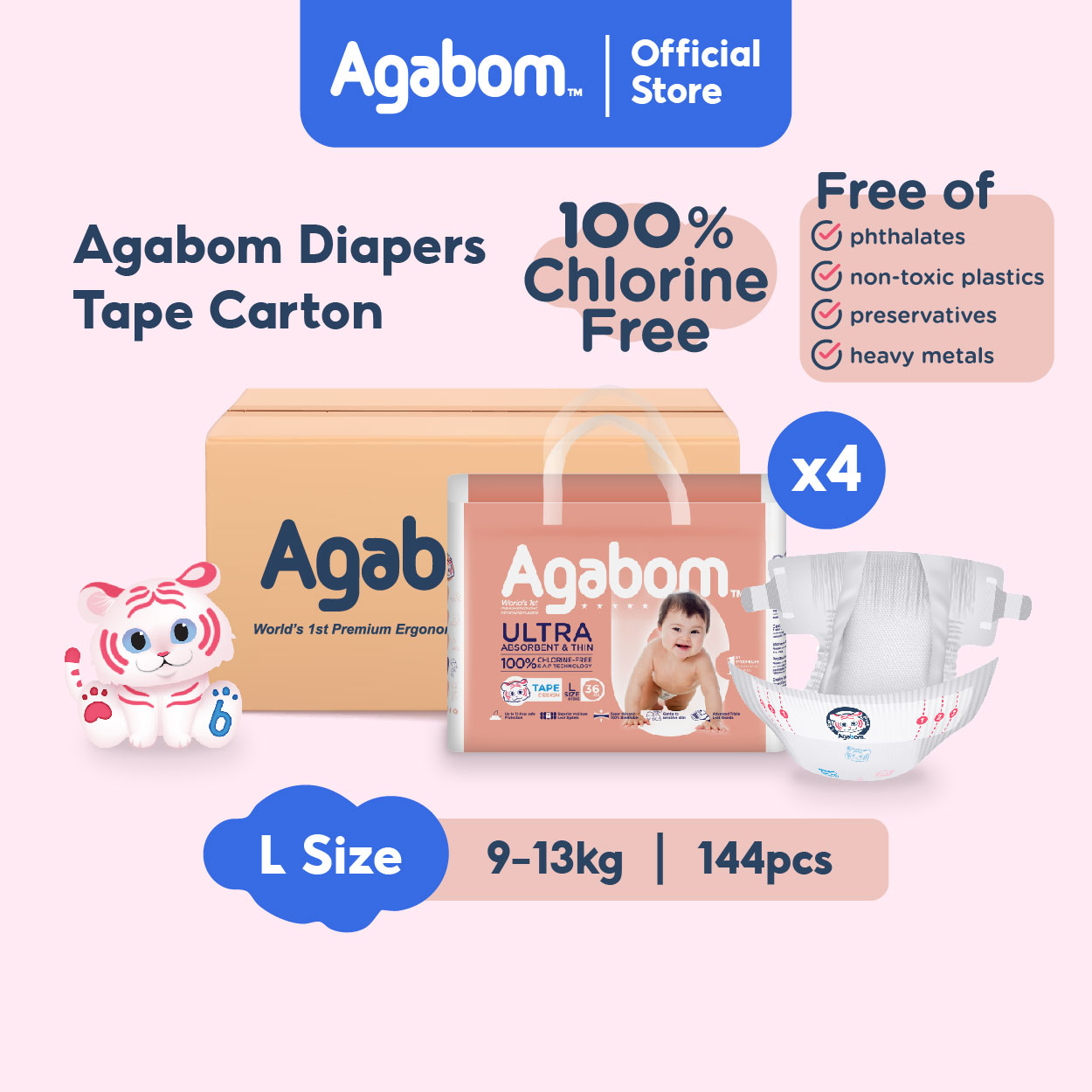 [Carton] AGABOM Premium Baby Diapers Tape 100% SAP Ultra-Thin Nightwear L36 (4 Packs)