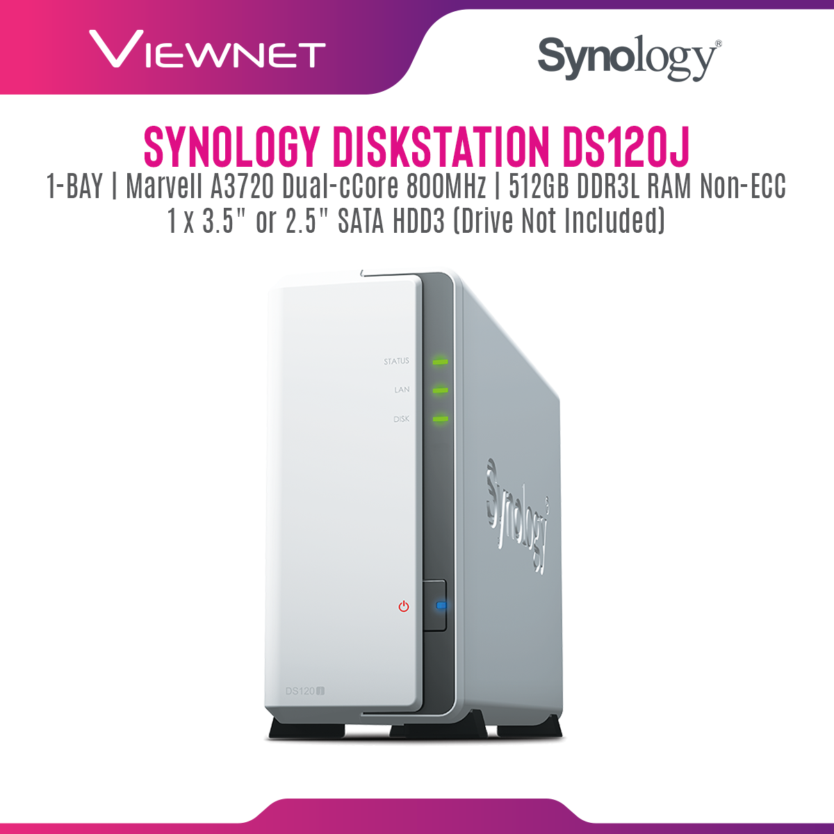 Synology DS120j NAS DiskStation 1-Bay NAS 2-Core Processor Ideal Data Backup Storage for Entry Level