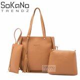 SoKaNo Trendz SKN825 PU Leather Tote Bag Set of 3 Handbeg Wanita- Brown