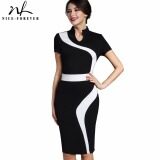 Smartwood Vintage Patchwork Stylish Elegant Casual Work Short Sleeve V-Neck Bodycon Women Office Pencil Slim Dress B320