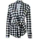 Womens Long Sleeve Houndstooth Pattern Coat Outwear Jacket,Black & White
