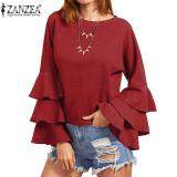 ZANZEA S-5XL Womens Spring Fall Solid Bell Long Sleeve Blusas Femininos Ladies Loose Butterfly Fluncing Ruffle Blouses Shirt (Wine Red)