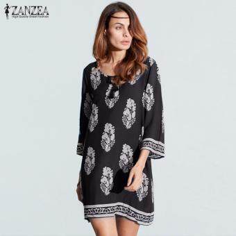 ZANZEA Women Bohe 3/4 Sleeve Loose Vintage Print Beach Party Long Shirt Dress (Black)