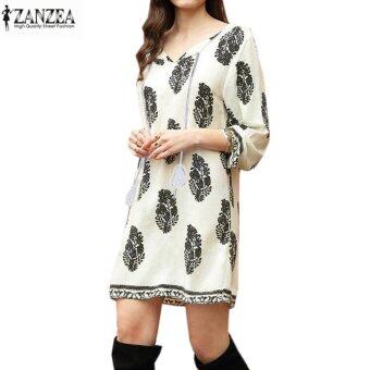 ZANZEA Women Bohe 3/4 Sleeve Loose Vintage Print Beach Party Long Shirt Dress (Off White)