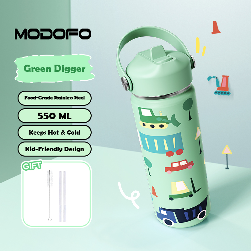 MODOFO Cute Childrens Insulated Straw Cup 550ml Cartoon Straw Cup Insulated Water Cup
