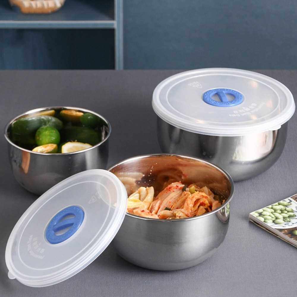 3 Pcs Mixing Bowl with Lid Stainless Steel Non-Slip Serving Bowls Storage Container Bowl Stackable Metal Bowls with Airtight Lids (Standard)
