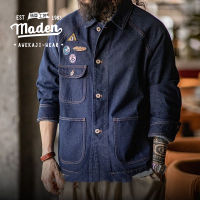 MADEN brand workwear style mens youth 2025 winter new item tough guy outdoor cycling American retro embroidery badge denim jacket heavyweight washed lapel casual jacket