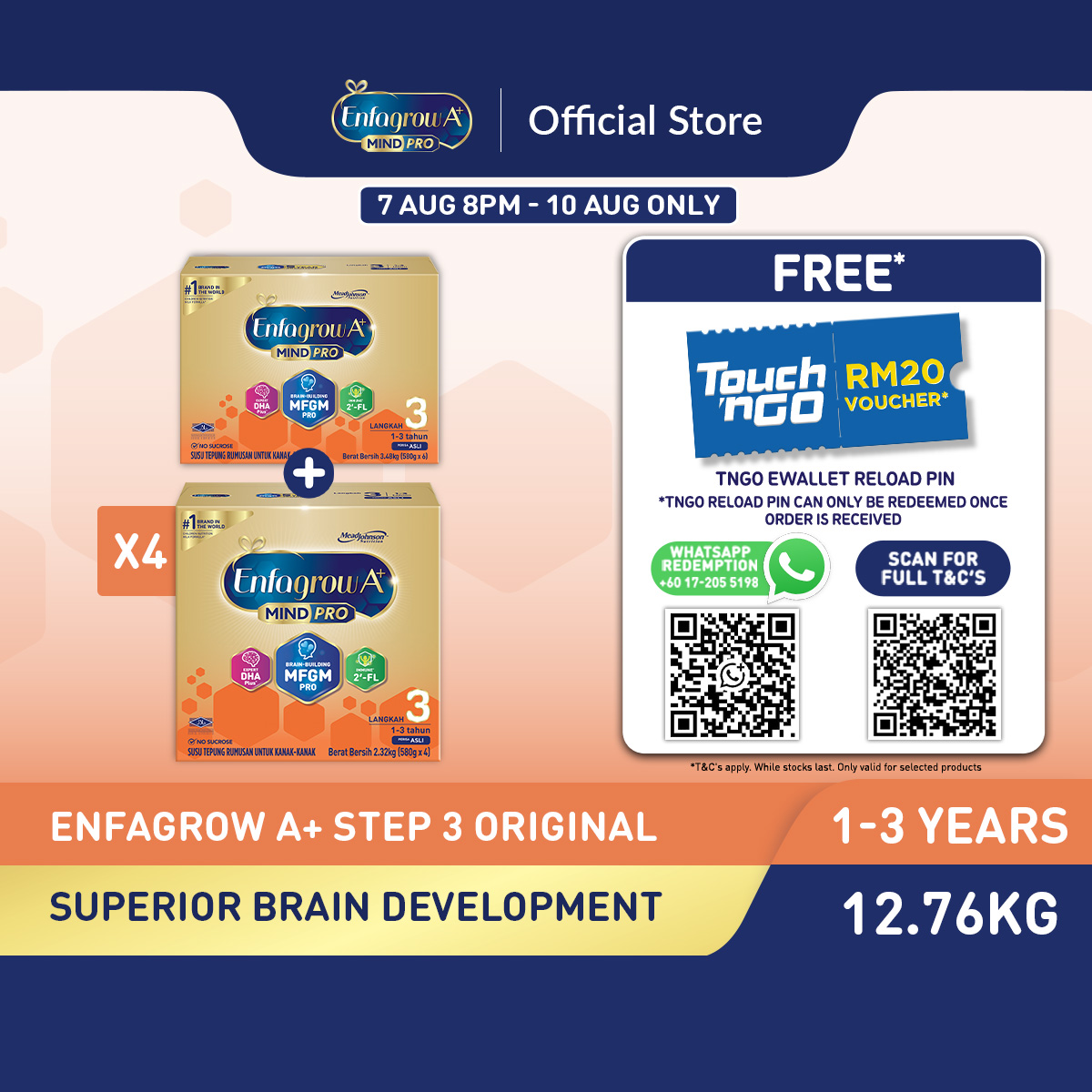 [Bundle of 4] Enfagrow A+ Step 3 (1Y+) Original Milk Formula Powder (2.32kg x 4)+ 3.48kg