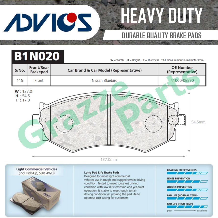 Advics Aisin Heavy Duty Disc Brake Pad Front B1N020Y for Nissan BlueBird U12 U13 Skyline R32 (No Turbo)