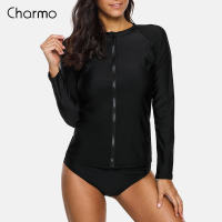 Charmo Women Long Sleeve Zipper Rashguard Swimsuit Solid Color Rash Guard Swimwear Surfing Top Running Biking Shirts UPF50+ TOP