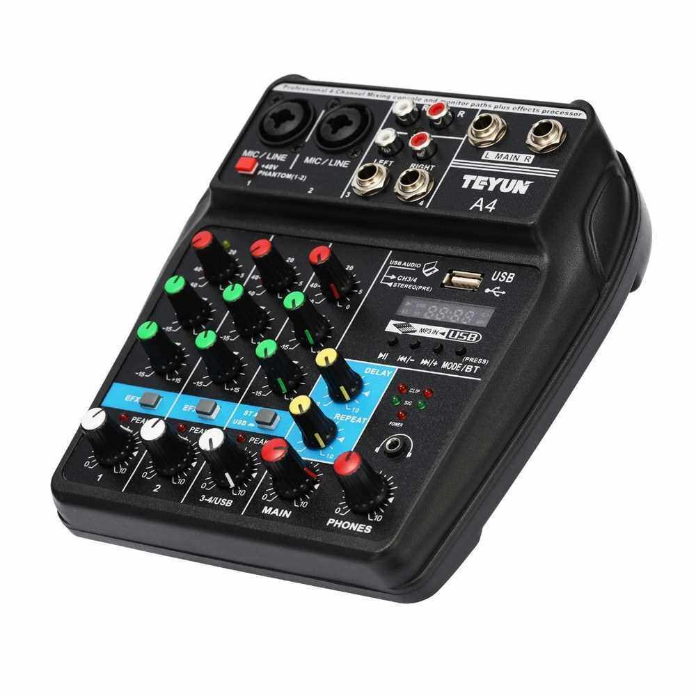 TU04 BT Sound Mixing Console Record 48V Phantom Power Monitor AUX Paths Plus Effects 4 Channels Audio Mixer with USB (Black)