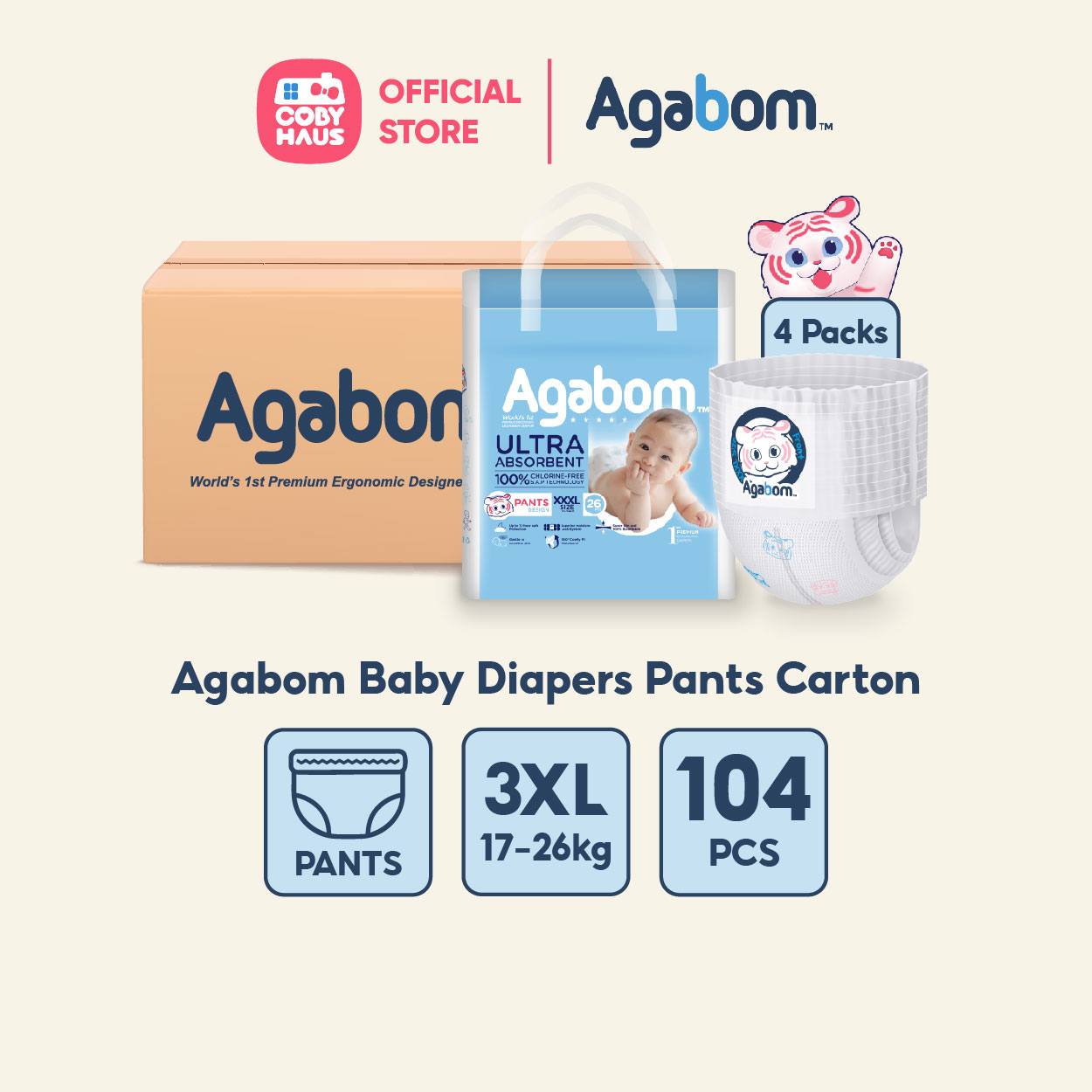 [Carton] Agabom Baby Disposable Diapers Pants M-XXXL / Lampin Bayi Jenis Seluar 4 Packs 100% SAP Ultra-Thin 婴儿拉拉裤