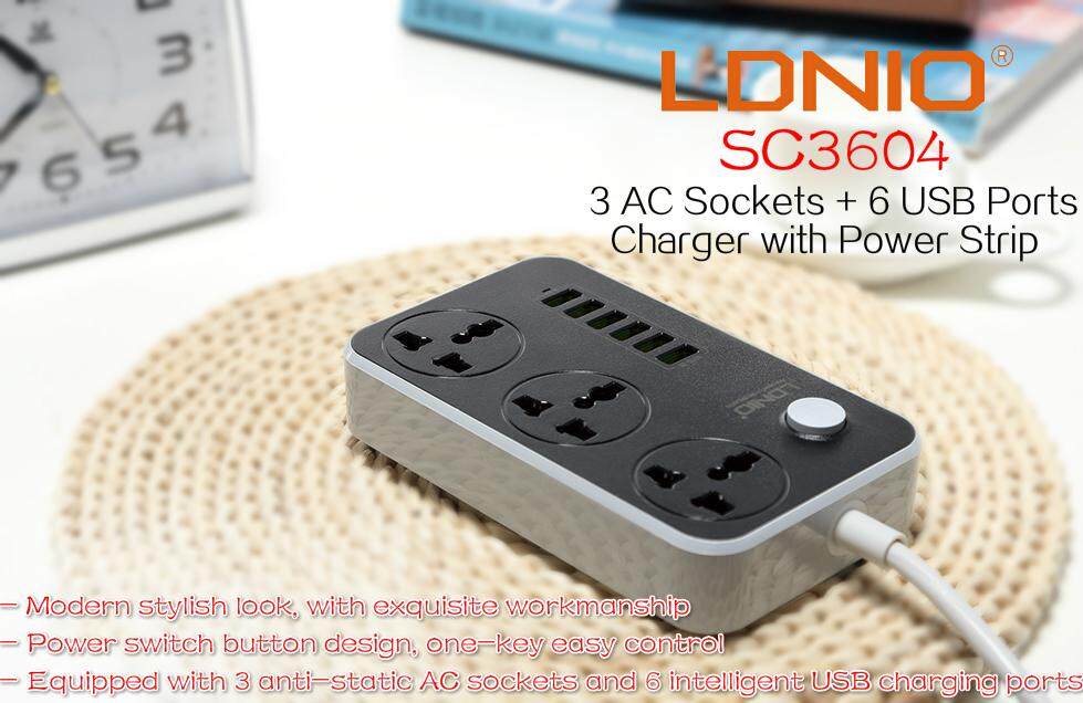 Original LDNIO SC3604 Power Strip with 3 AC Sockets + 6 USB Ports Charger