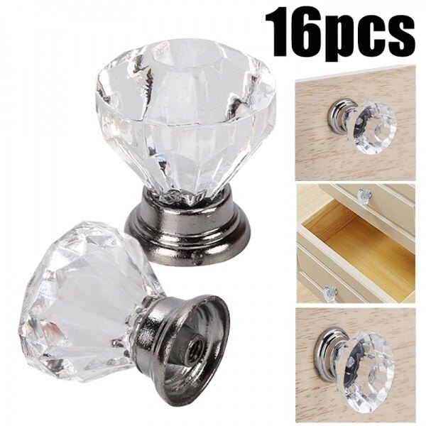 16 Cái Núm Cửa Tay Nắm Cửa Kính Pha Lê Kim Cương 30Mm Bộ Tay Nắm Cửa Tủ Đồ Nội Thất, Núm Tủ Mica Thích Hợp Cho Cửa Ngăn Kéo Cửa Tủ Quần Áo Cửa Tủ