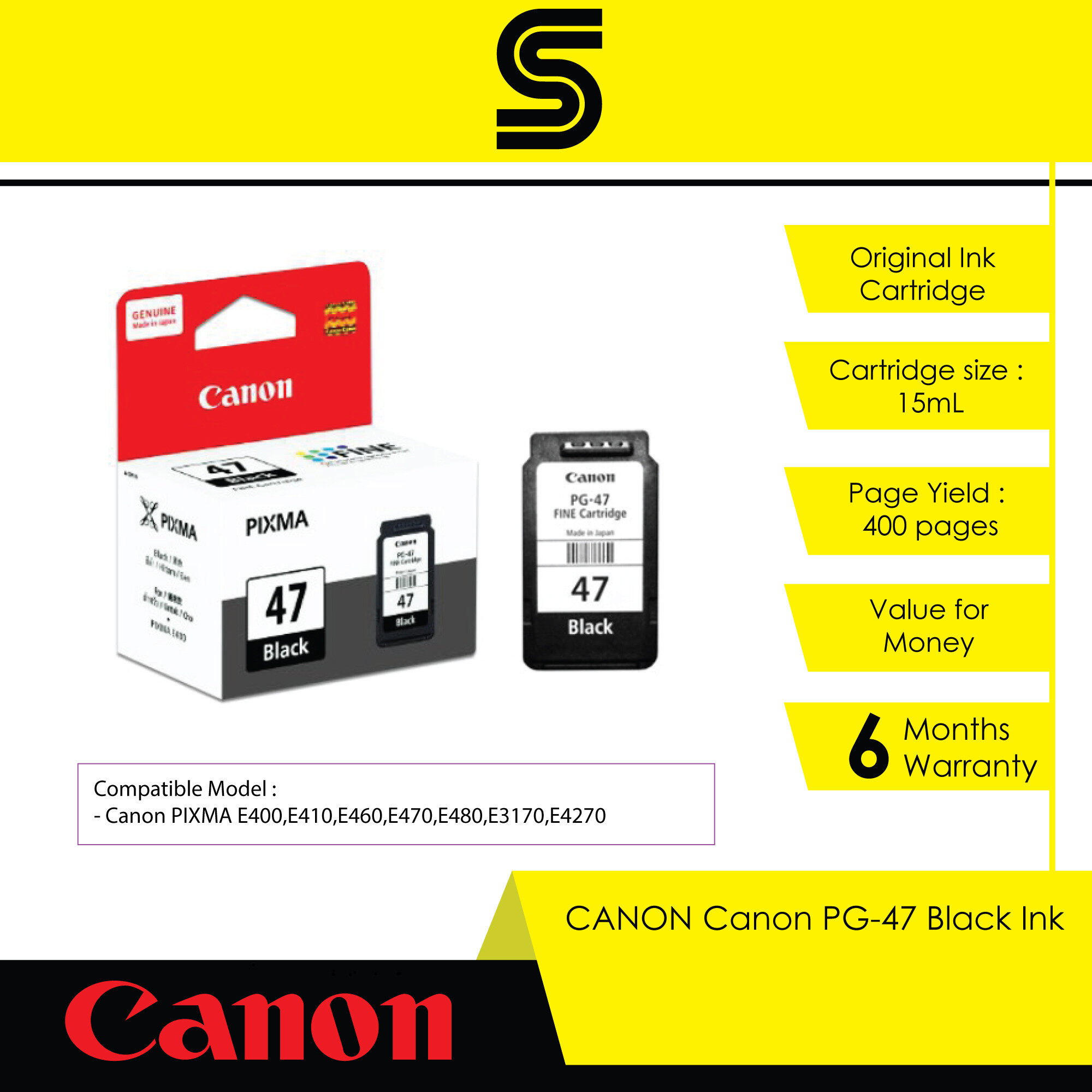CANON PG-47 Black Ink 15ml - E400/E410/E460/E470/E480/E3170/E4270 (400 Pages)