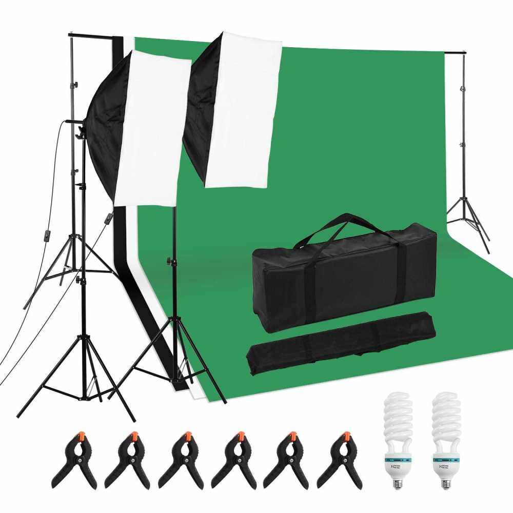 Professional Studio Photography Light Kit Including 50*70cm Softboxes * 2/ 125W 5500K Light Bulbs * 2/ 2M Light Stand * 2/ 1 * Set of Backdrop Stand/ 3 * Backdrops(White/Black/Green)/ 6 * Clamps with Carry Bag (Uk)
