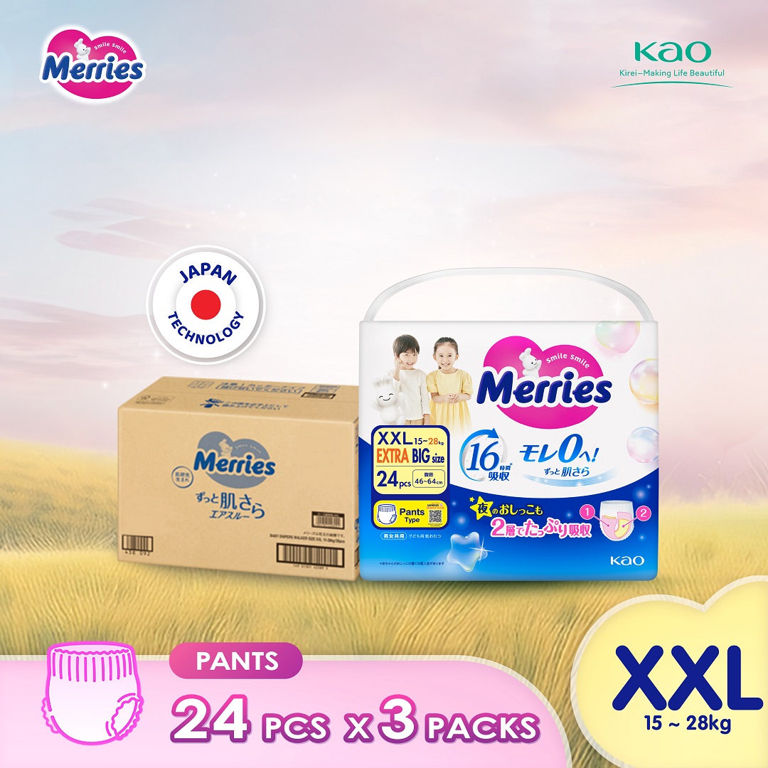 Merries Super Premium Pants Baby Diaper XXL24 (3 Packs) (15-28kg) – Soft breathable and absorbent diapers for baby