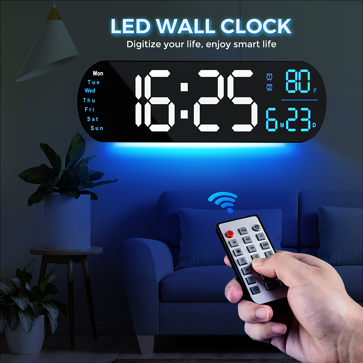 Multifunctional Large Screen Digital Wall Clock LED Temperature Humidity Display Electronic Alarm Clock Creative Home Decor Remote