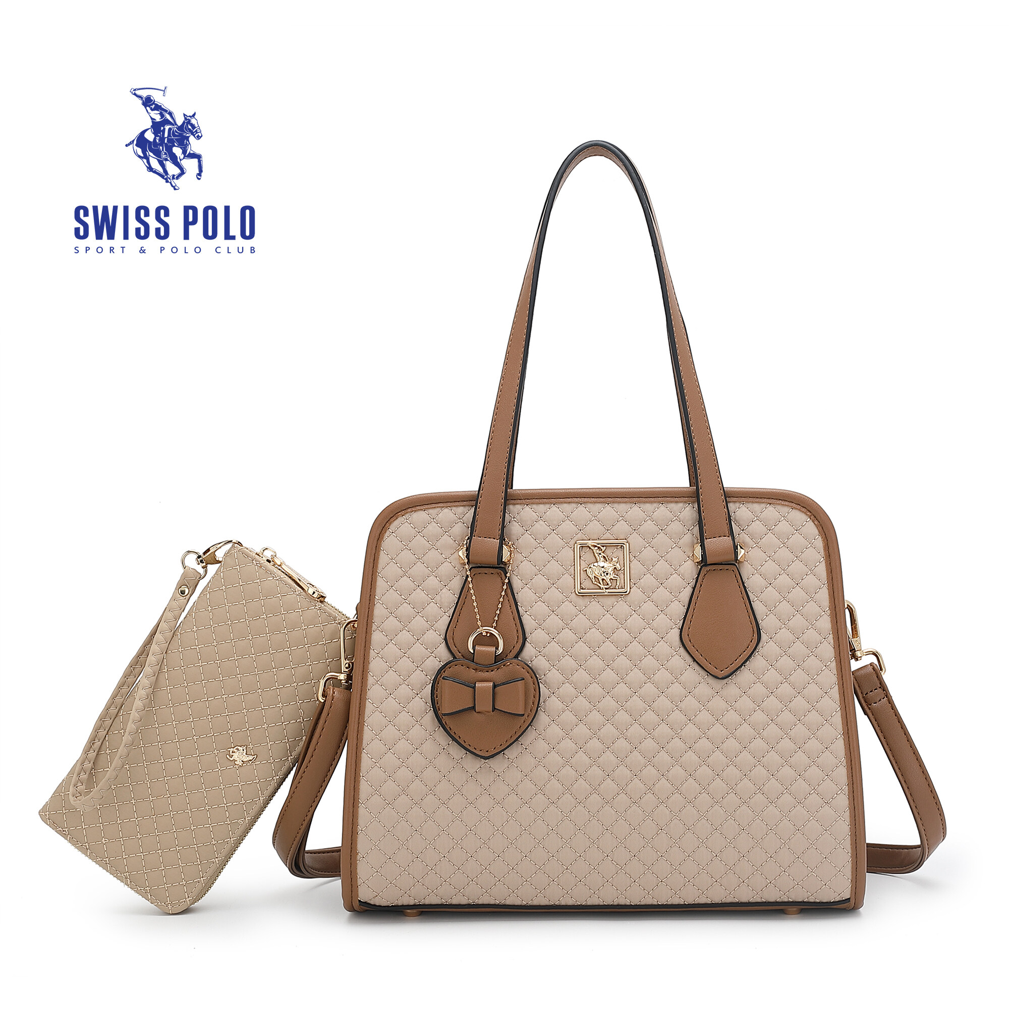 SWISS POLO 2 In 1 Ladies Quilted Top Handle Sling Bag With Long Purse HHN 3979-3 BEIGE