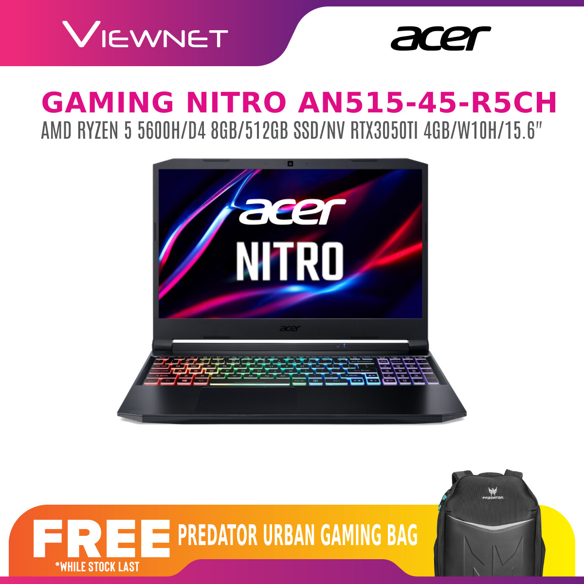 Acer Nitro 5 AN515-45-R5CH 15.6\'\' FHD 144Hz Gaming Laptop ( Ryzen 5 5600H, 8GB, 512GB SSD, RTX3050 Ti 4GB, W10 )