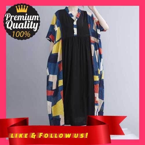 People\'s Choice Vintage Women Cotton Linen Dress Splicing Print V Neck Short Sleeve Pocket Loose Casual Dress (Black 2)