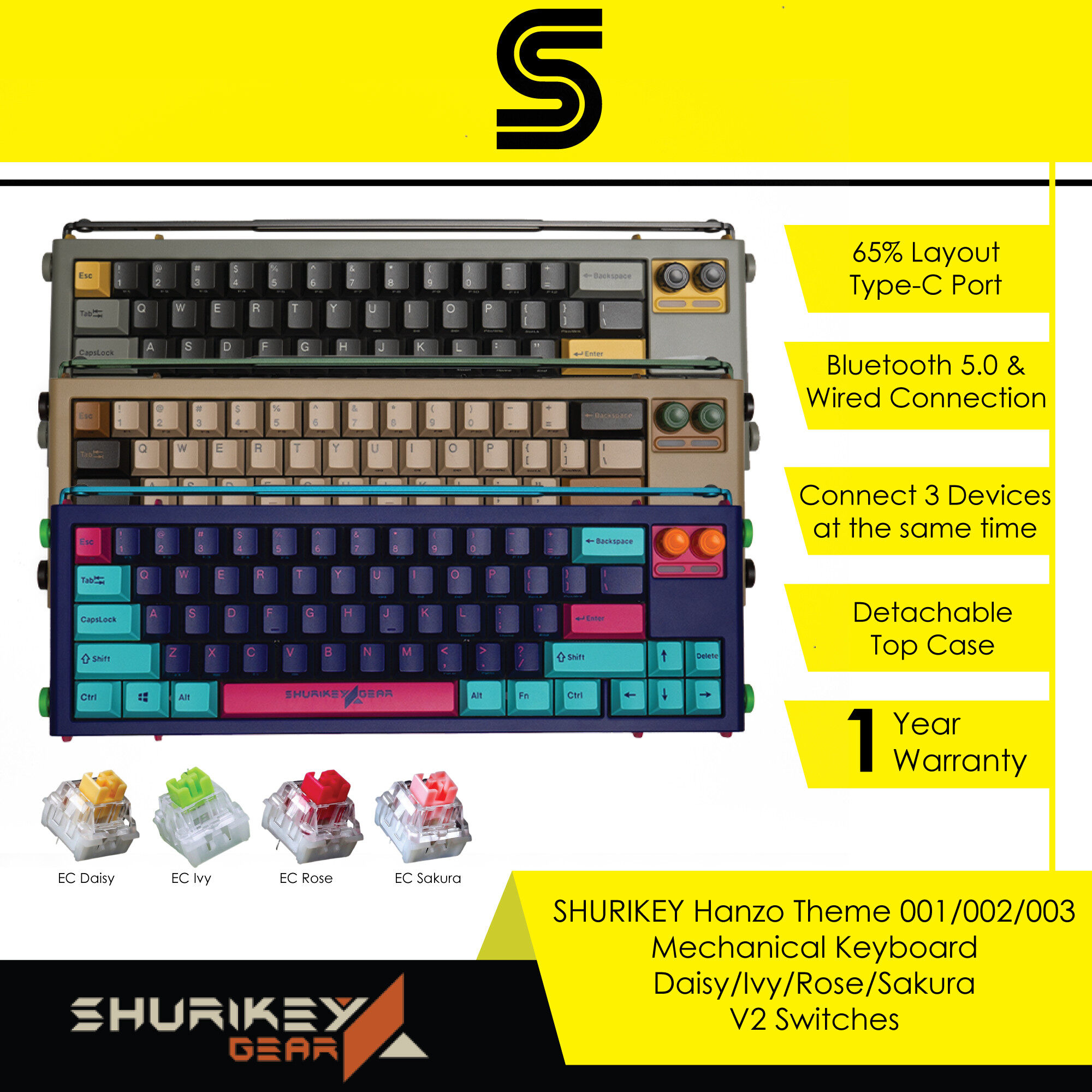 SHURIKEY GEAR Hanzo Theme 001/002/003 Mechanical Keyboard - Daisy/Ivy/Rose/Sakura V2 Switches