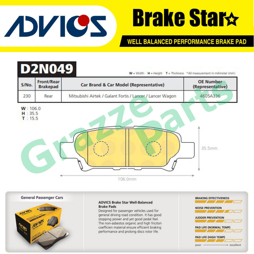 Advics Aisin Brake Star Disc Brake Pad Rear D2N049TE for Proton Inspira 1.8 2.0 CY3S CY4S CY4A Mitsu