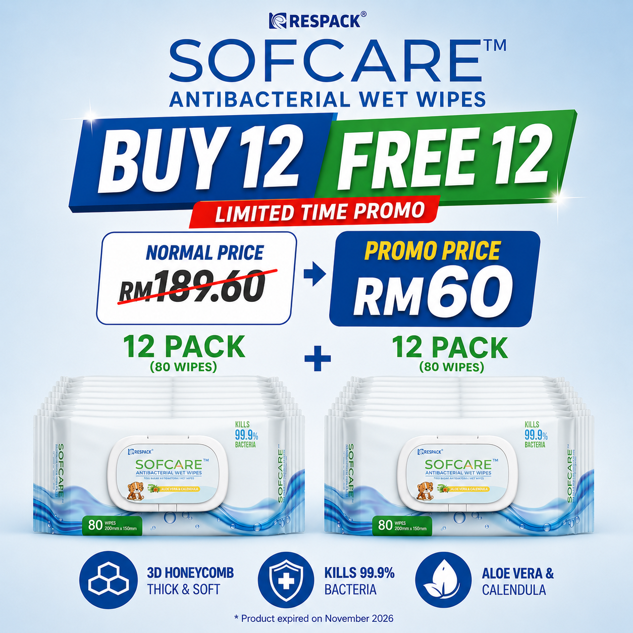 [PROMO BUY 12 FREE 12] SOFCARE™Antibacterial Wipes | Baby Wipes Wet Tissues 80s