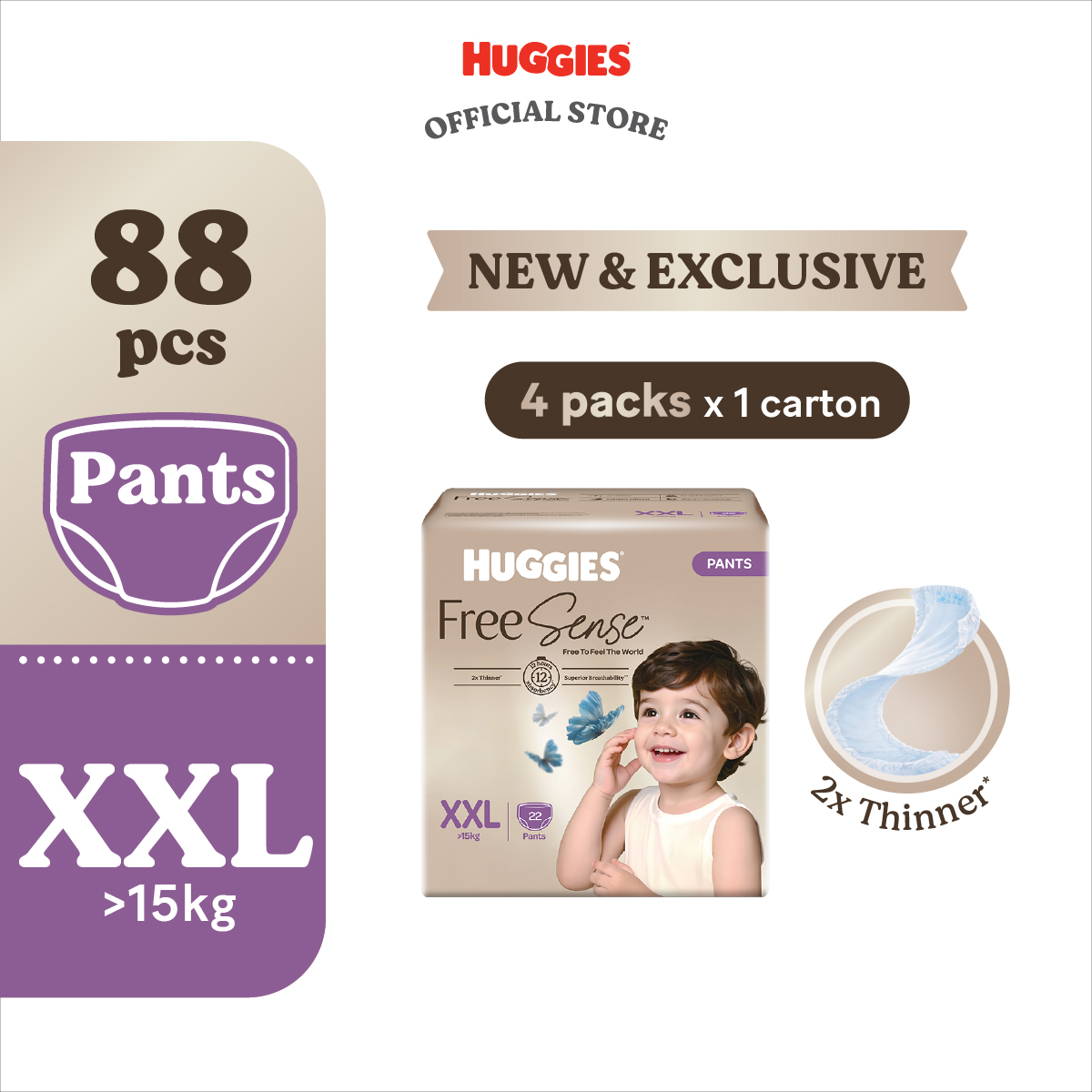 [LAZADA EXCLUSIVE] Huggies Free Sense Pants Diapers M40/L34/XL28/XXL22 (4 Packs)