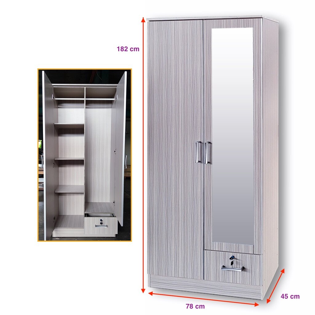 ROAM Furniture 2 Door 6ft Wardrobe Clothes Storage Cabinet With Mirror Almari Baju Cermin Grey White Brown Color Kabinet 2 Pintu