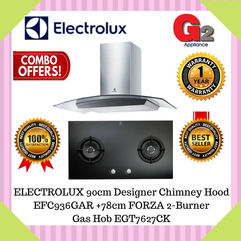 ELECTROLUX 90cm Designer Chimney Hood EFC936GAR + ELECTROLUX 78cm FORZA 2-Burner Gas Hob EGT7627CK [