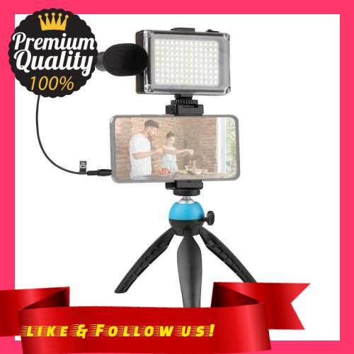 People\'s Choice Portable Smartphone Video Kit Phone Video Rig with LED Fill Light 5500K/3200K + Cardioid Microphone + Adjustable Phone Holder + Mini Desktop Ballhead Tripod for Phone Vlog Video Recording Live Streaming (Blue)
