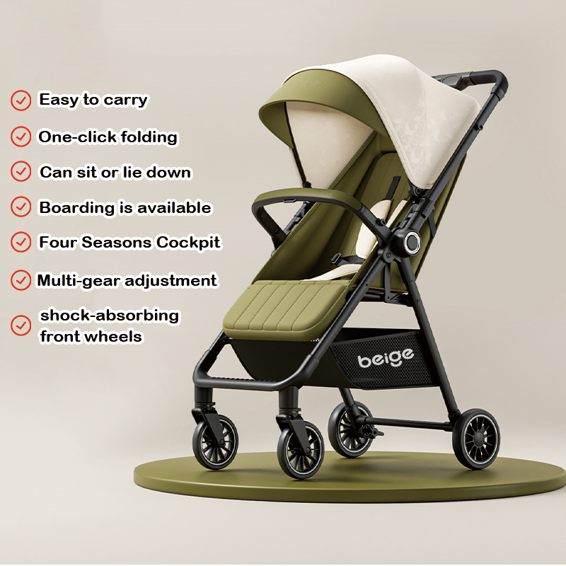 Beige Baby strollers Foldable 2 way stroller baby 360° rotation Lightweight Travel baby trolley Easy travel Adjustable With seat cushion