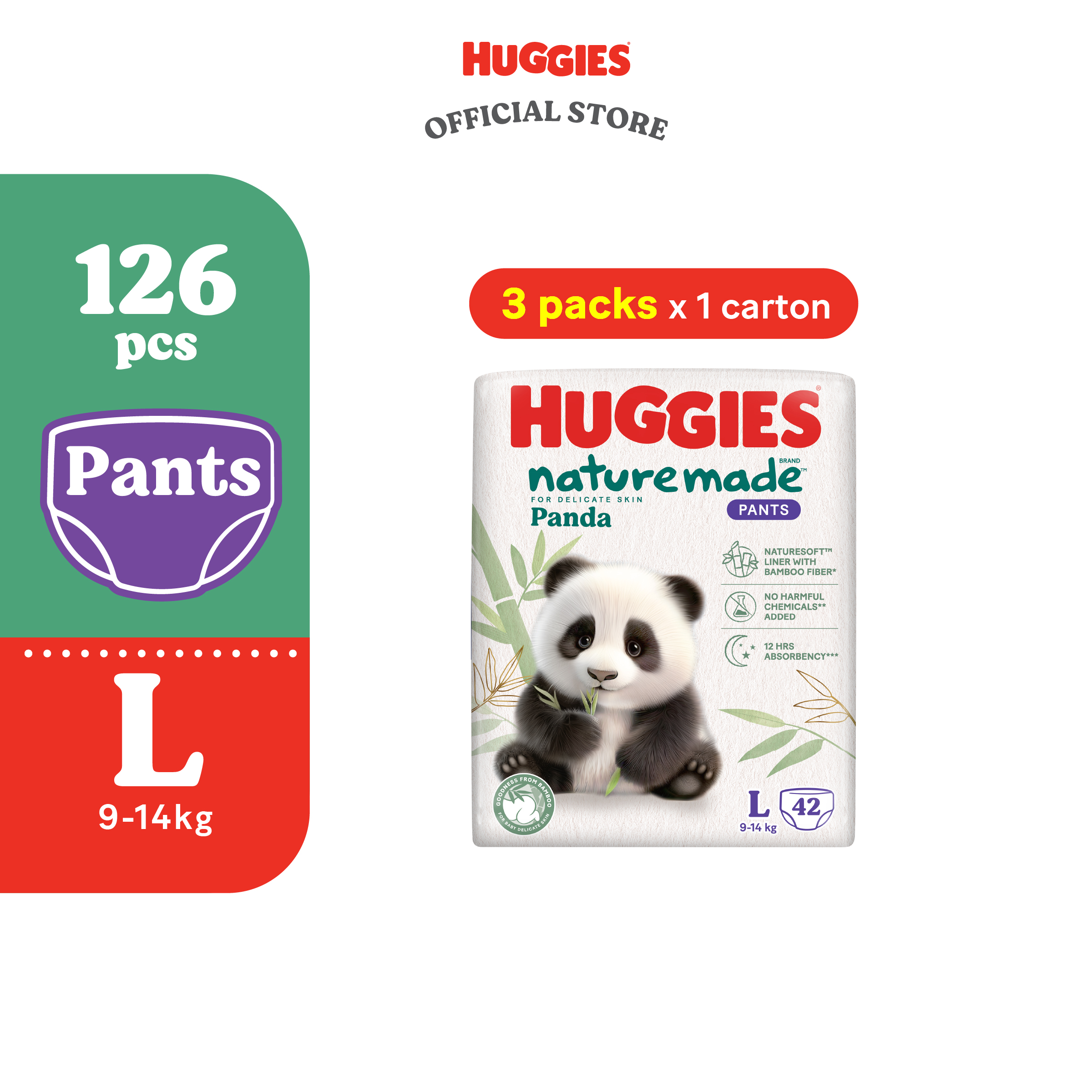 Huggies Naturemade Panda Pants Diapers M56 / L42 / XL36 / XXL24 (3 Packs) - Super Premium Baby Diaper with Bamboo Fiber