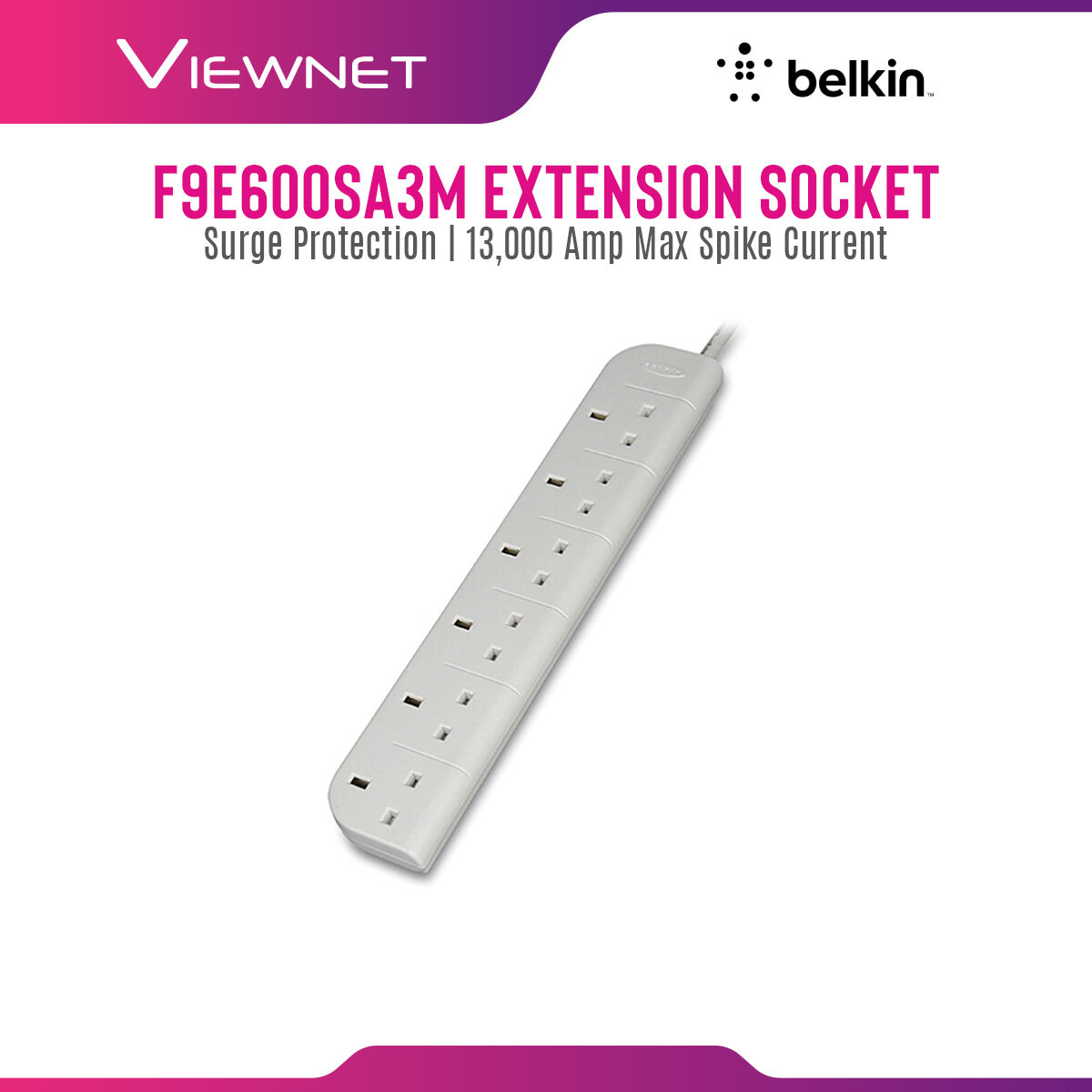 Belkin F9E600SA3M Extension Socket with Surge Protection , 13,000 Amp Max Spike Current Belkin F9E600SA3M Extension Socket with Surge Protection , 13,000 Amp Max Spike Current