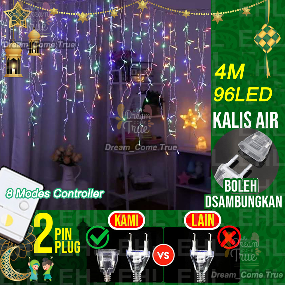 【Ready Stock】5M 216 LED lampu raya Curtain Icicle Lights 8 Modes Lampu Ramadan Decoration items Outdoor Waterproof Garden Icicle Light Bedroom Room Garland Decoration Gift