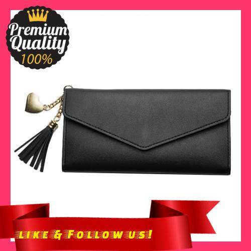 People's Choice Women Wallet PU Leather Sweetheart Cover Flap Tassel Fold Long Design High Capacity Multifunction Zipper Purse Clutch Bag (Black)